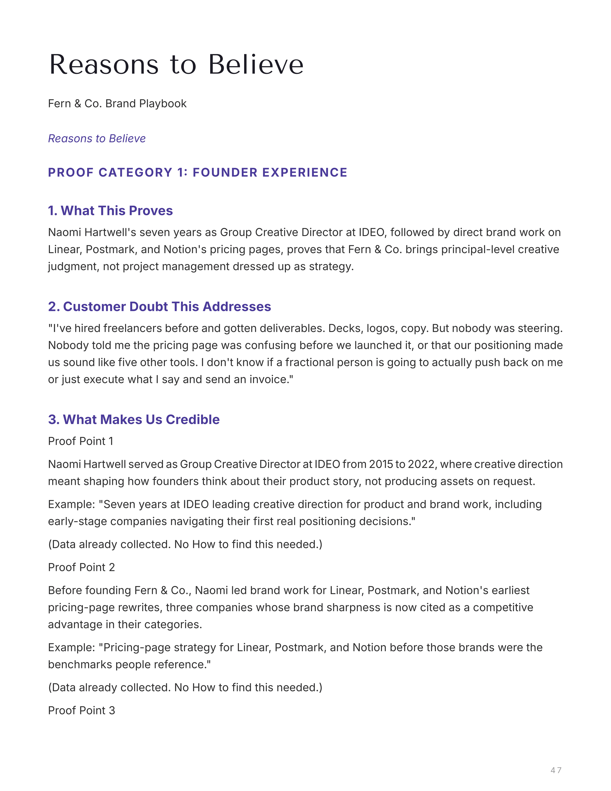 Reasons to Believe section with the founder's experience as proof